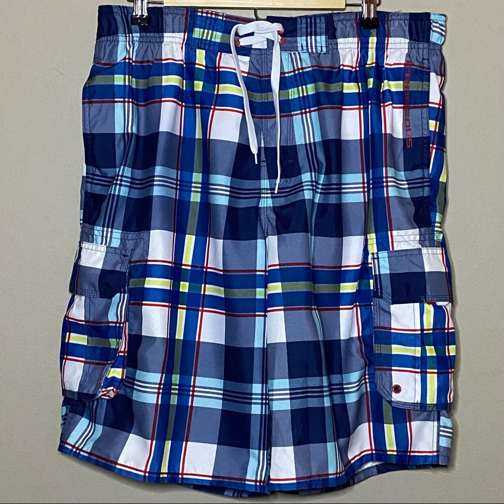 O’Rageous Swim Board Shorts Trunks Men XL Blue White Plaid Mesh Lining Pockets